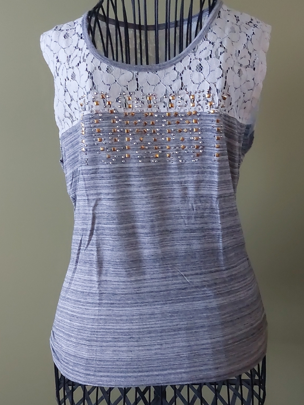 Tommy Hilfiger Gray and White Lace Studded Sleeveless Top